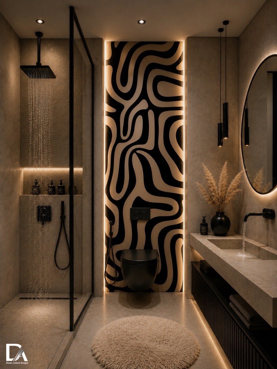 Modern bathroom with a wavy patterned accent wall, glass shower, and stone vanity sink.