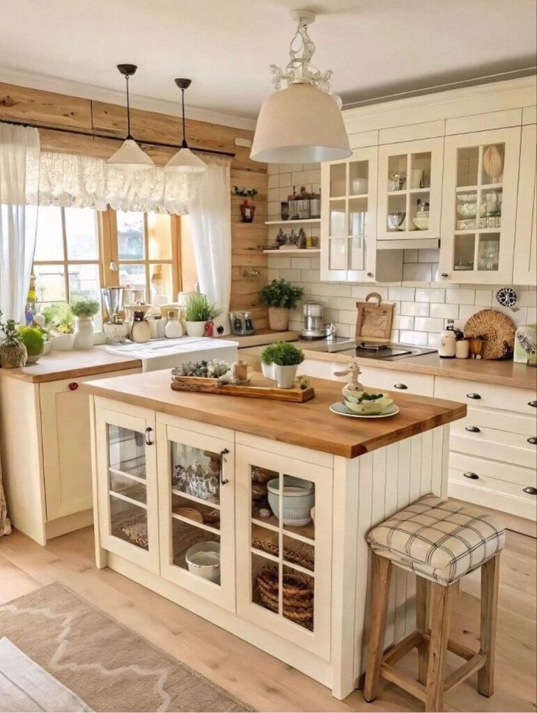A bright farmhouse kitchen with white cabinets, wooden countertops, and a central kitchen island.