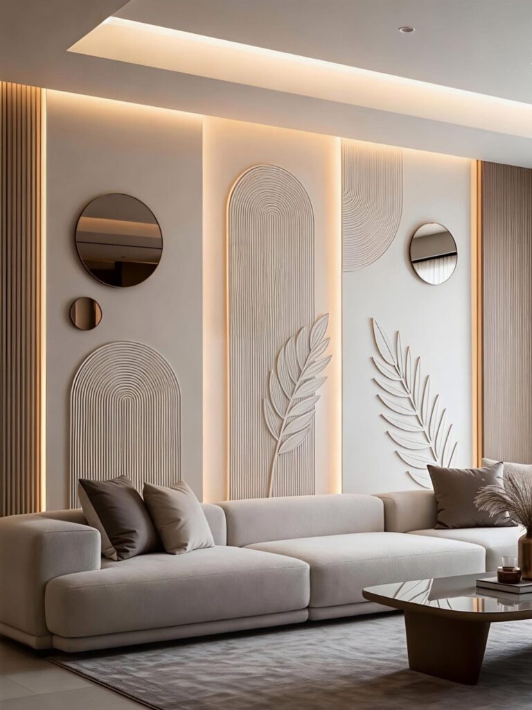 Textured wall art panels with arched and leaf designs on a lit accent wall.