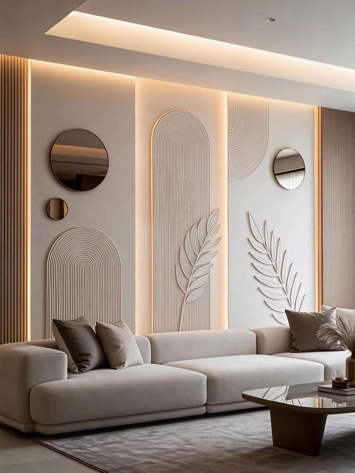 Textured wall art panels with arched and leaf designs on a lit accent wall.