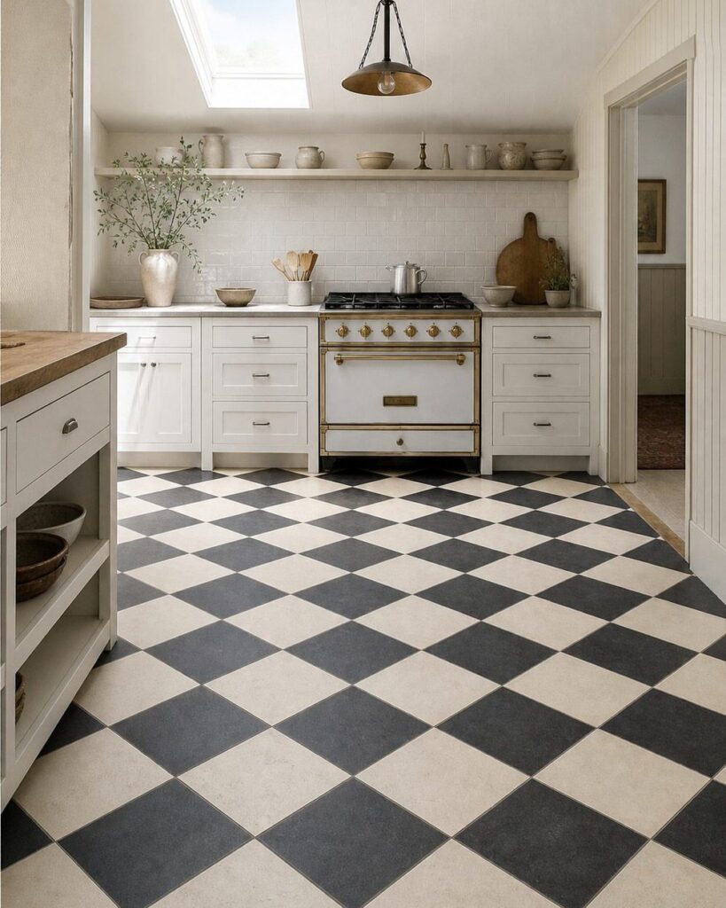 Black and white checkered tile flooring in a bright, modern farmhouse style kitchen.