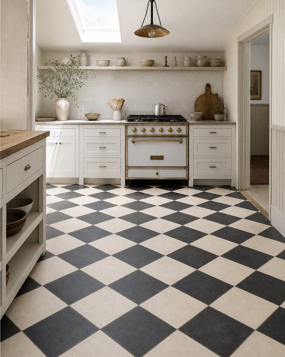 Black and white checkered tile flooring in a bright, modern farmhouse style kitchen.
