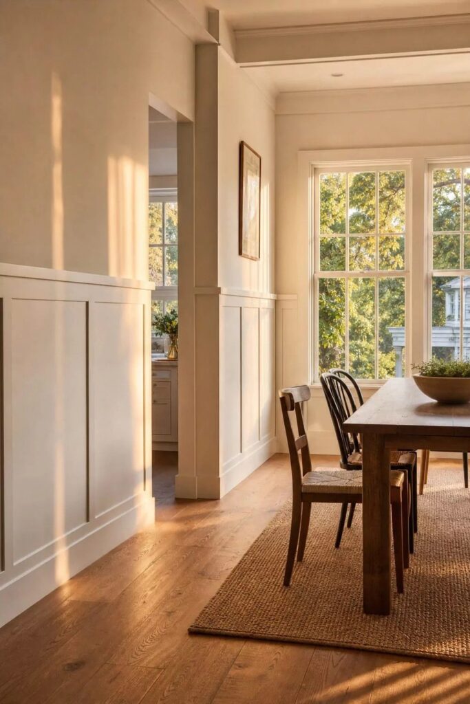 White wainscoting panels line the walls of a sunlit dining room with wooden furniture.