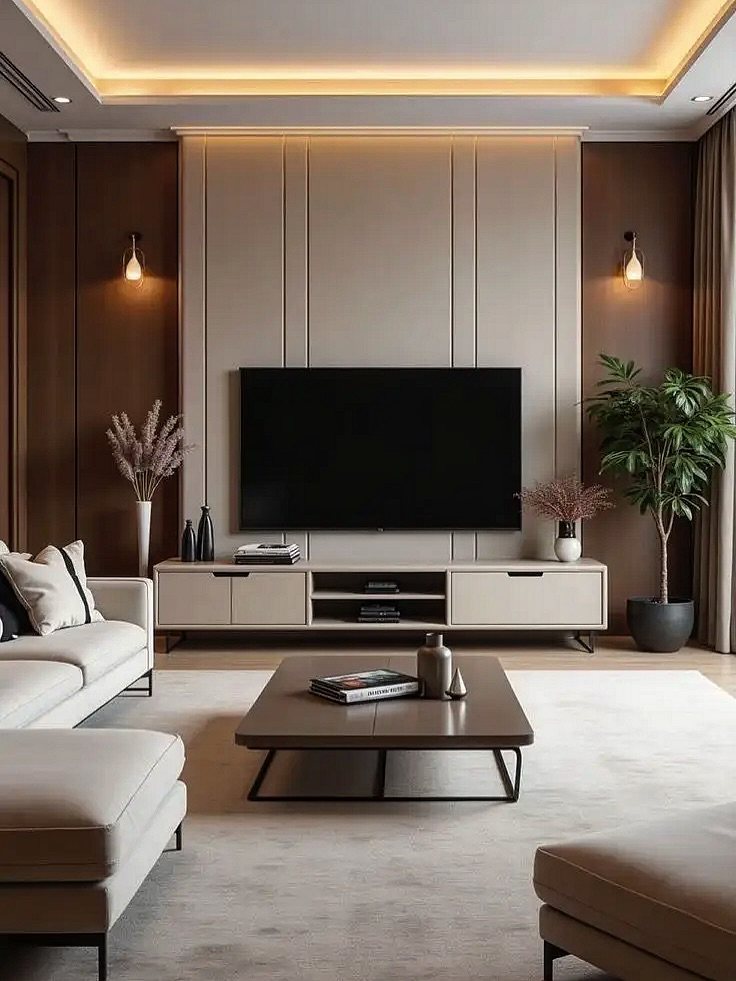 A large television mounted on a paneled wall above a white media console in a modern living room.