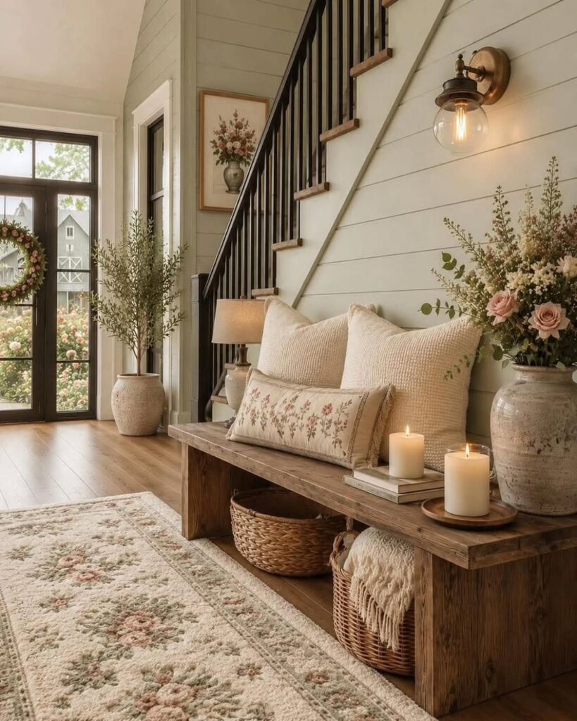 Horizontal sage green shiplap planks on a wall behind a wooden bench and staircase.