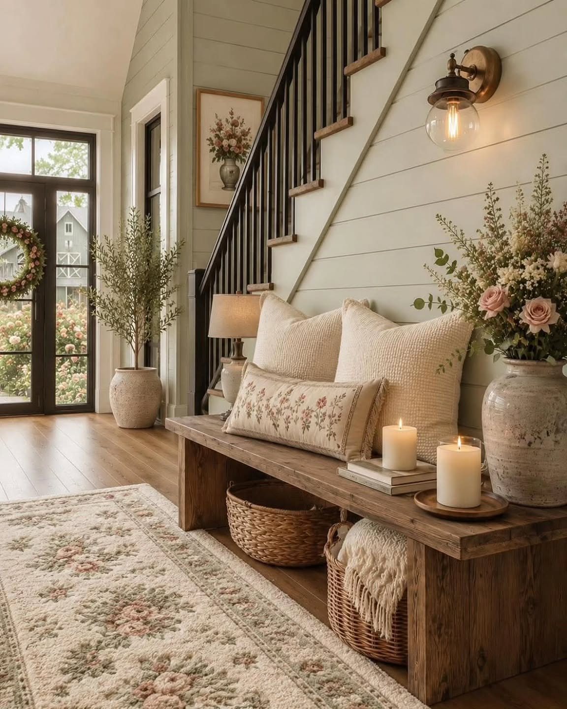 Horizontal sage green shiplap planks on a wall behind a wooden bench and staircase.