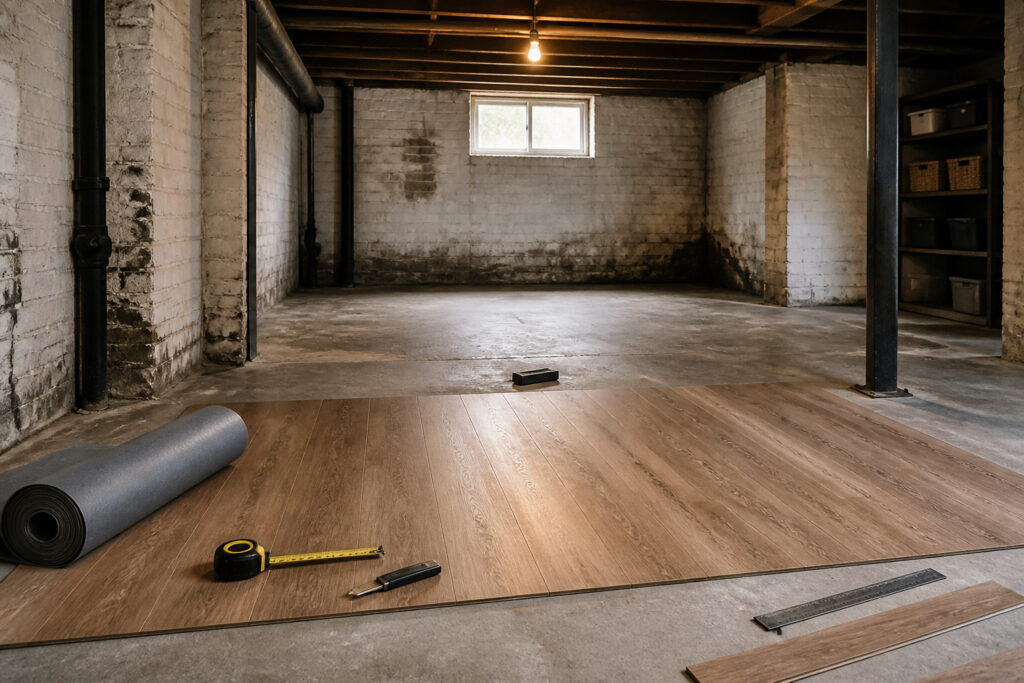 Dimly lit basement with exposed brick walls and a concrete floor