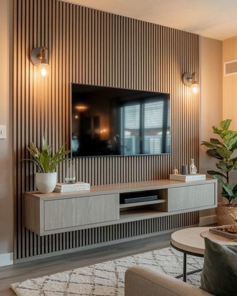 Television mounted on a vertical wood slat accent wall with a floating media console below.
