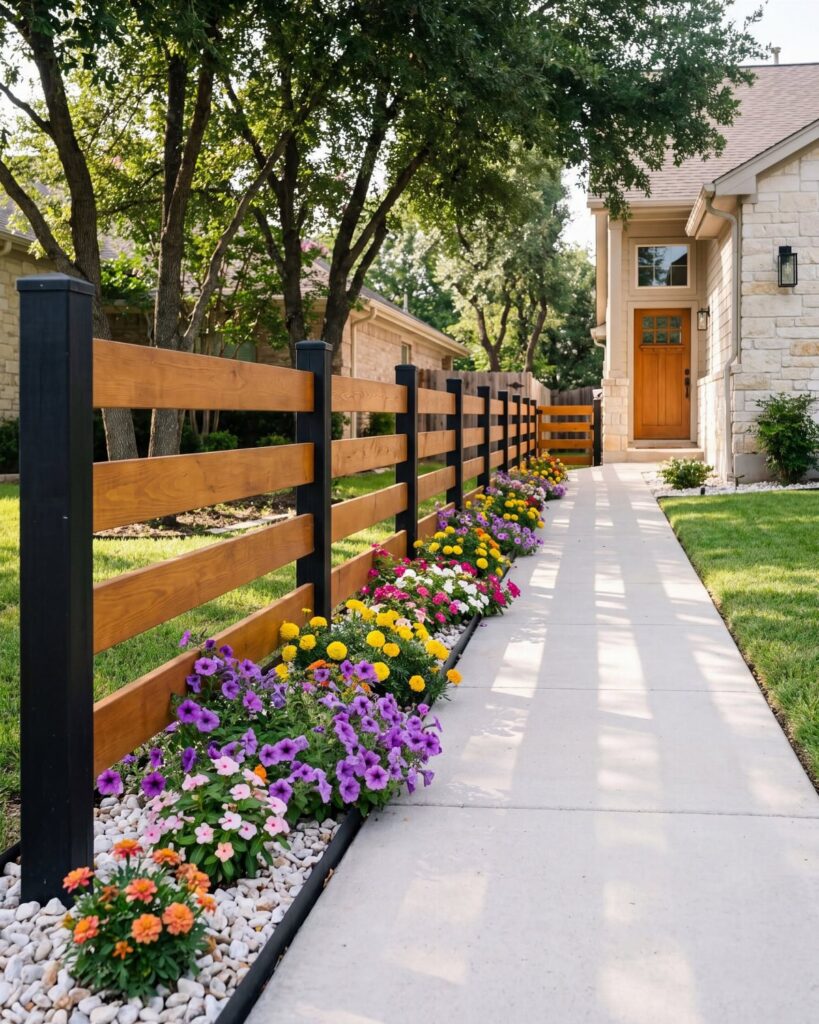 A modern horizontal wood fence with black posts borders a concrete path and flower bed.