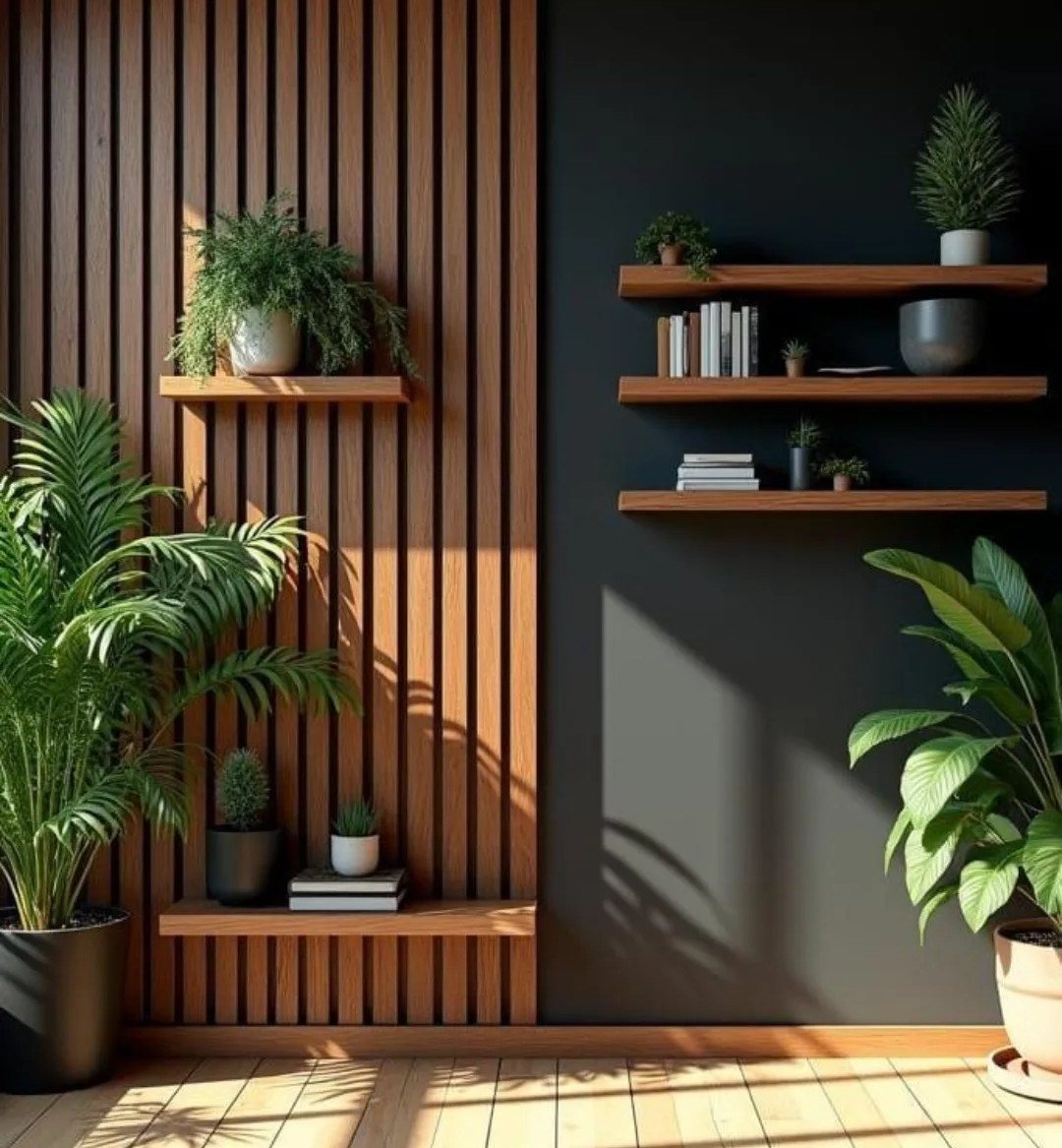 Vertical wooden slats on a wall next to dark charcoal walls with floating wooden shelves and plants.