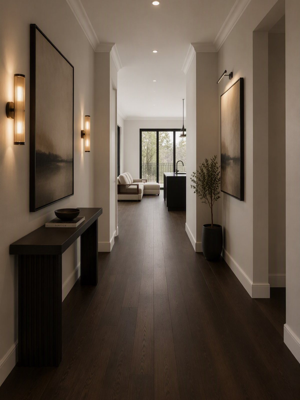 Dark wood flooring running through a long, modern hallway with white walls and minimalist furniture.